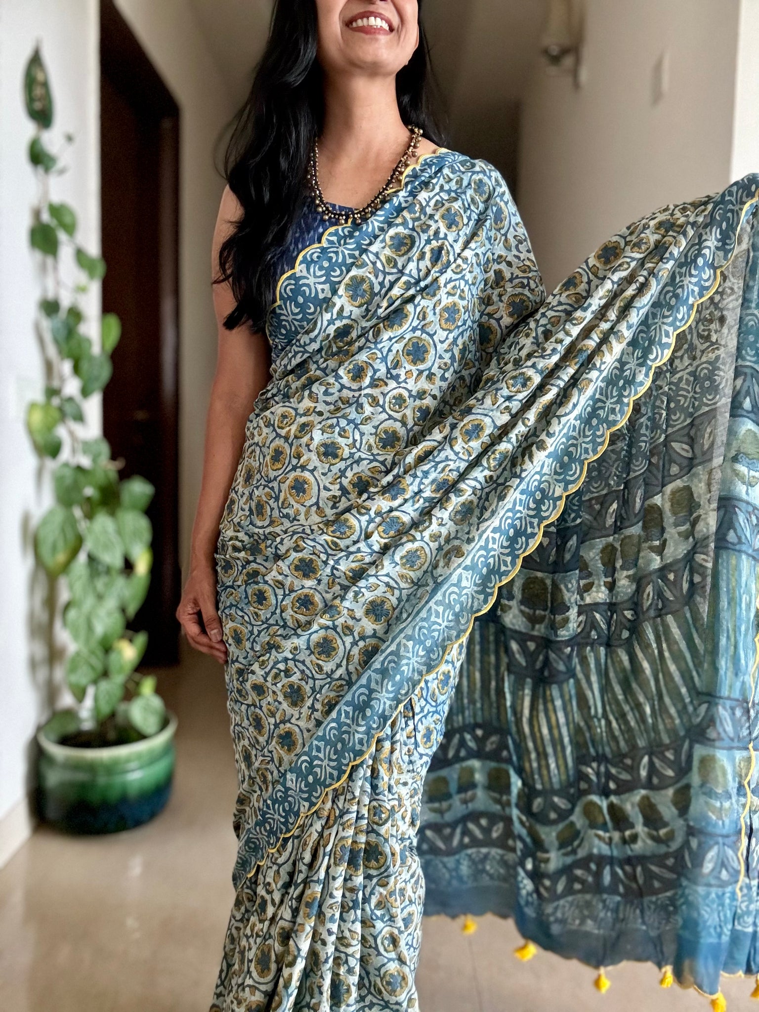 Modal voile block printed saree with scalloping