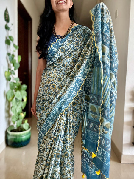 Modal voile block printed saree with scalloping