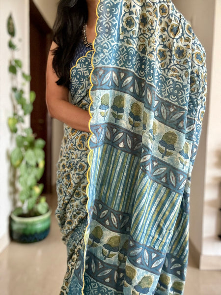 Modal voile block printed saree with scalloping