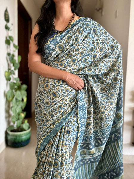 Modal voile block printed saree with scalloping