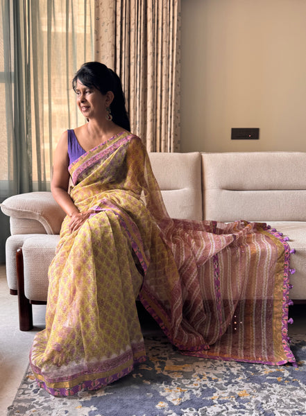 Embroidered pallu & patchwork inside border- kota doria saree