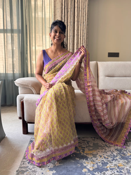 Embroidered pallu & patchwork inside border- kota doria saree