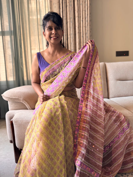 Embroidered pallu & patchwork inside border- kota doria saree