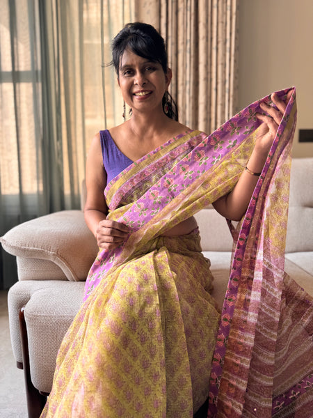 Embroidered pallu & patchwork inside border- kota doria saree