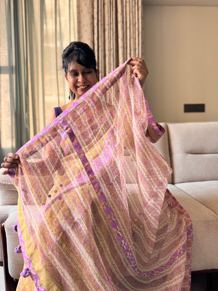Embroidered pallu & patchwork inside border- kota doria saree
