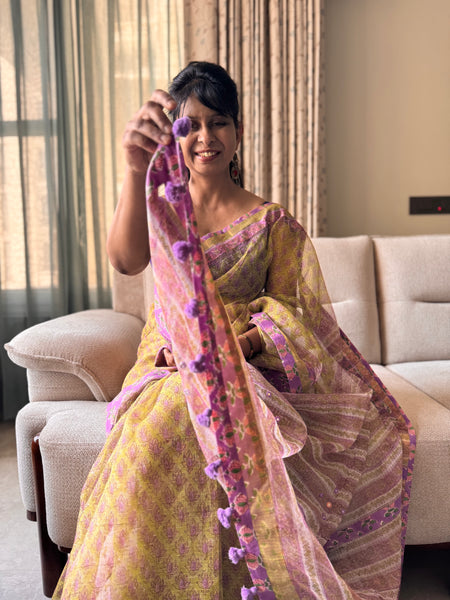 Embroidered pallu & patchwork inside border- kota doria saree