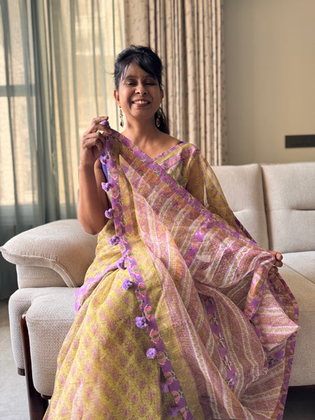 Embroidered pallu & patchwork inside border- kota doria saree
