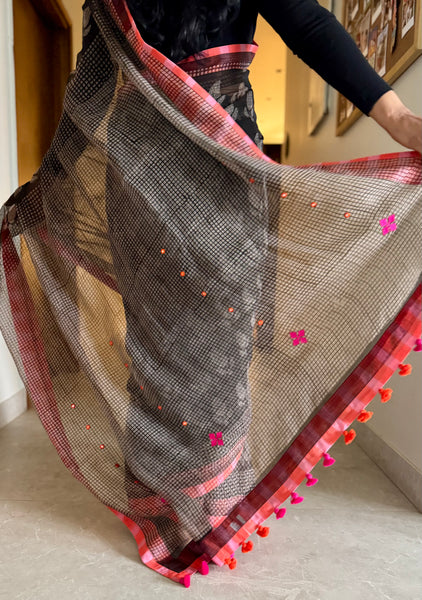 Embroidered pallu & patchwork border- kota doria saree