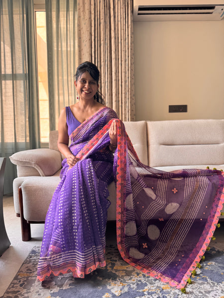 Embroidered pallu & patchwork inside border- kota doria saree