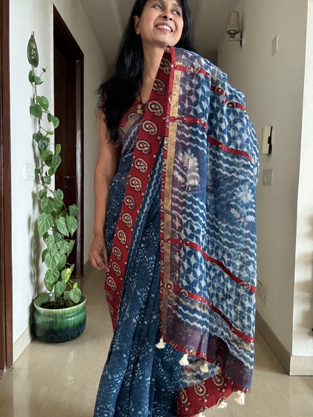 BEST SELLER - kota doria cotton saree with ajrakh patchwork border