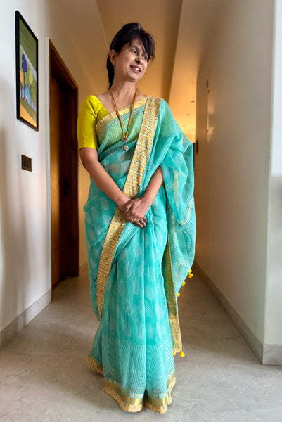 Embroidered pallu & patchwork border- kota doria saree