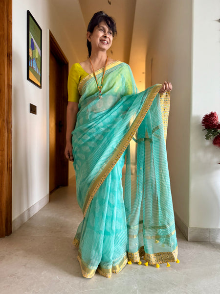 Embroidered pallu & patchwork border- kota doria saree