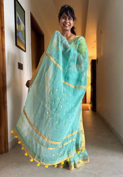 Embroidered pallu & patchwork border- kota doria saree