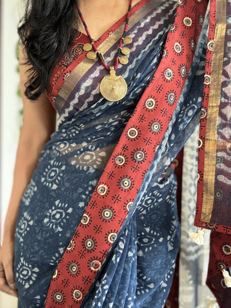 BEST SELLER - kota doria cotton saree with ajrakh patchwork border