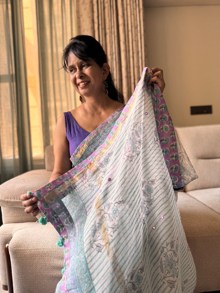 Embroidered pallu & patchwork inside border- kota doria saree
