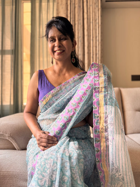 Embroidered pallu & patchwork inside border- kota doria saree