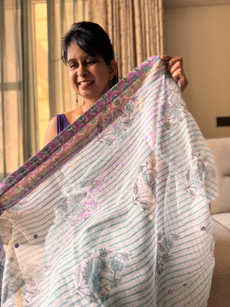 Embroidered pallu & patchwork inside border- kota doria saree