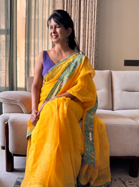 BEST SELLER- Embroidered pallu & patchwork inside border- kota doria saree