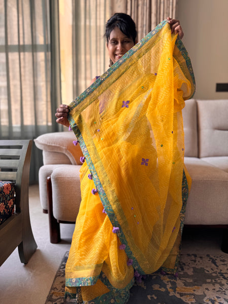 BEST SELLER- Embroidered pallu & patchwork inside border- kota doria saree