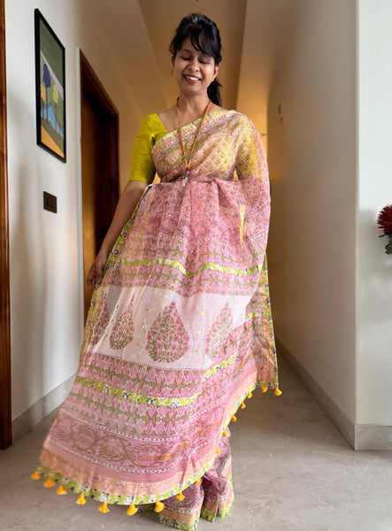 Embroidered pallu & patchwork border- kota doria saree