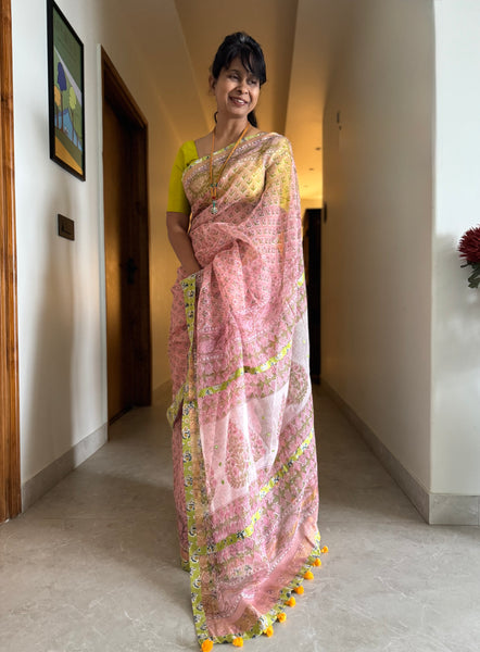 Embroidered pallu & patchwork border- kota doria saree