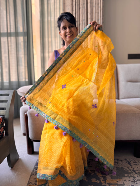 BEST SELLER- Embroidered pallu & patchwork inside border- kota doria saree