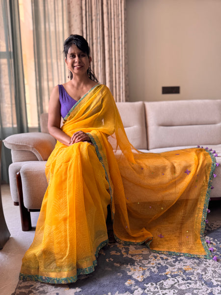 BEST SELLER- Embroidered pallu & patchwork inside border- kota doria saree