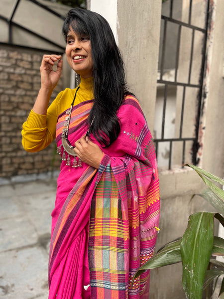 Bhujodi saree - Organic Kala Cotton - Bright Pink