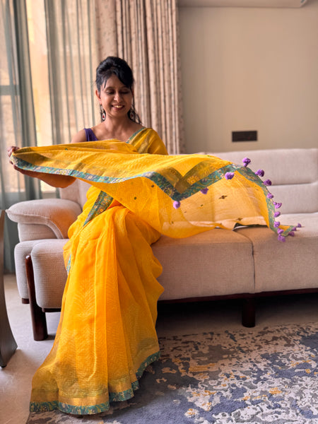 BEST SELLER- Embroidered pallu & patchwork inside border- kota doria saree