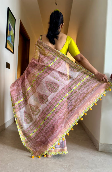 Embroidered pallu & patchwork border- kota doria saree