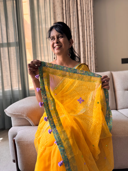BEST SELLER- Embroidered pallu & patchwork inside border- kota doria saree