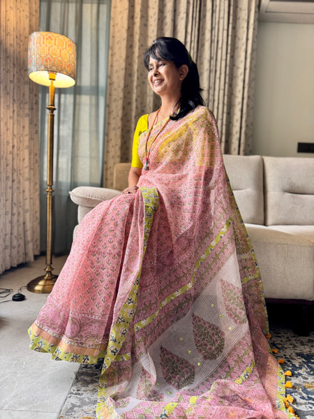 Embroidered pallu & patchwork border- kota doria saree