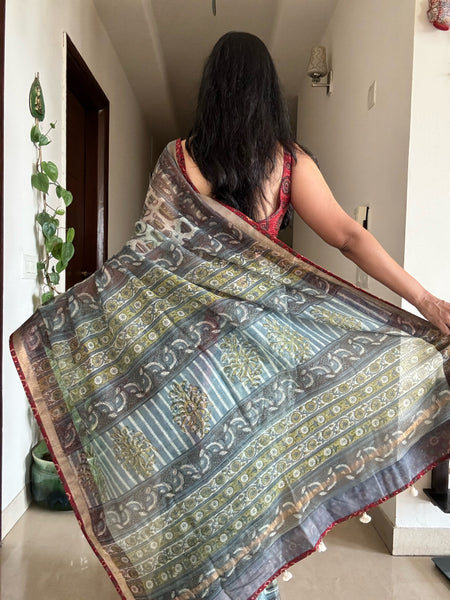 kota doria cotton saree with ajrakh patchwork border