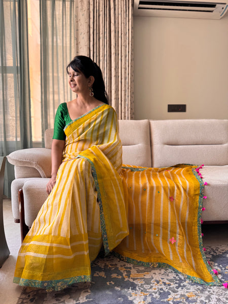 Embroidered pallu & patchwork inside border- kota doria saree