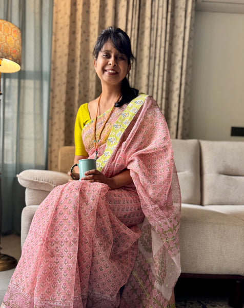 Embroidered pallu & patchwork border- kota doria saree