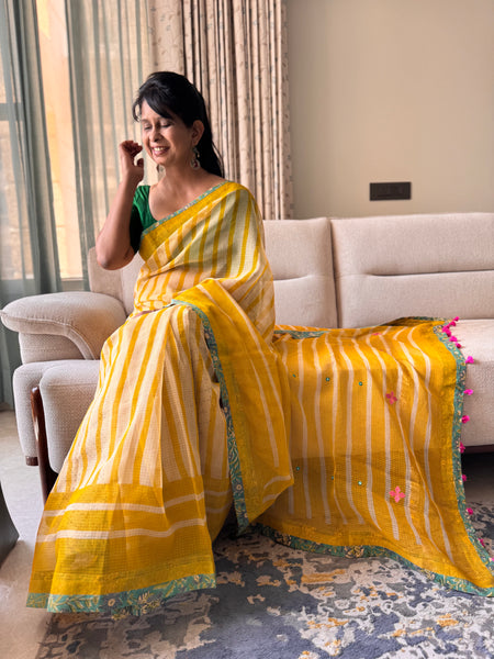 Embroidered pallu & patchwork inside border- kota doria saree