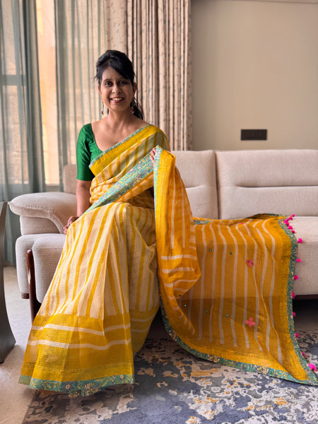 Embroidered pallu & patchwork inside border- kota doria saree