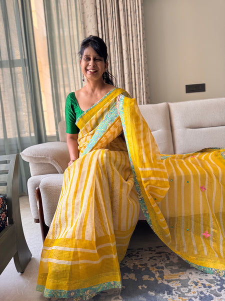 Embroidered pallu & patchwork inside border- kota doria saree