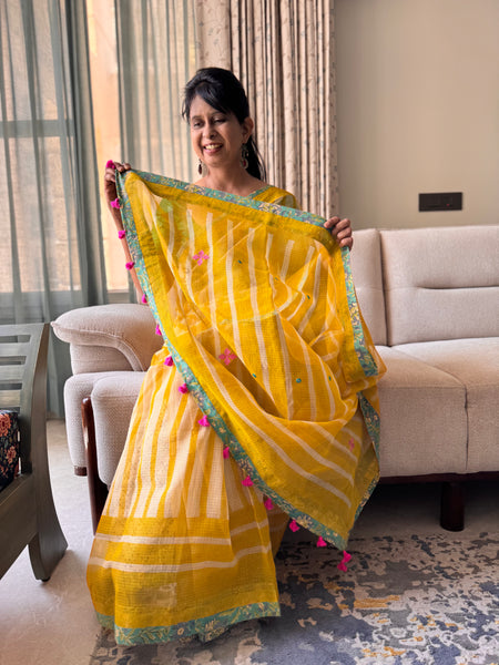 Embroidered pallu & patchwork inside border- kota doria saree
