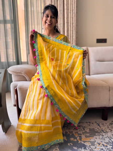 Embroidered pallu & patchwork inside border- kota doria saree