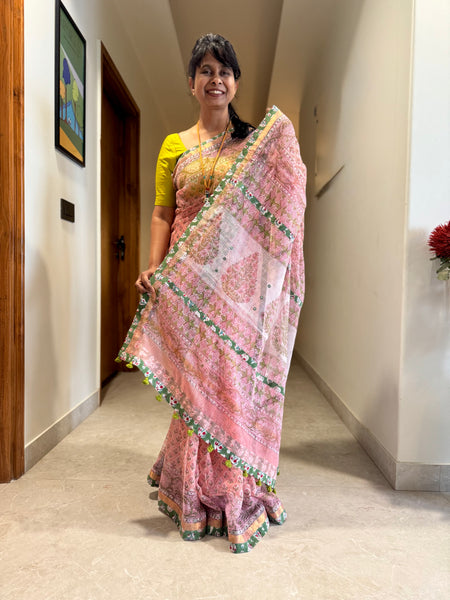 Embroidered pallu & patchwork border- kota doria saree