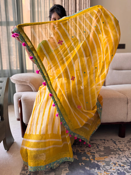 Embroidered pallu & patchwork inside border- kota doria saree