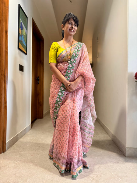 Embroidered pallu & patchwork border- kota doria saree