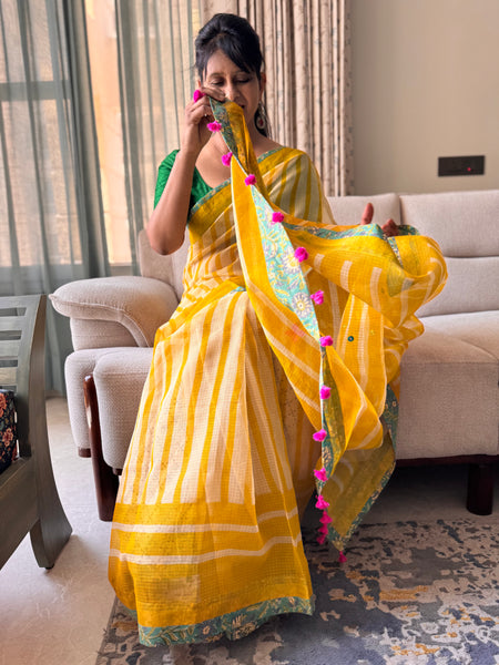 Embroidered pallu & patchwork inside border- kota doria saree