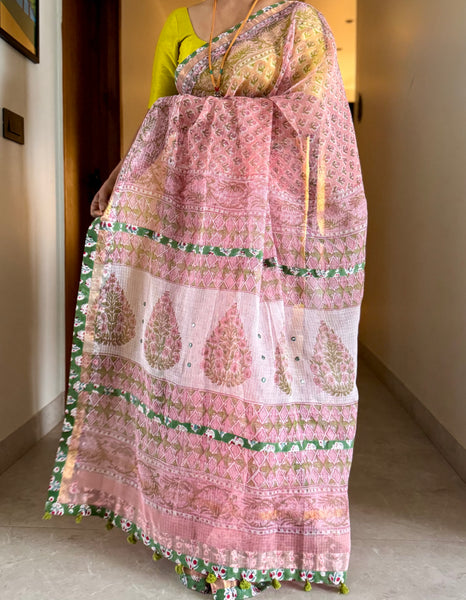 Embroidered pallu & patchwork border- kota doria saree