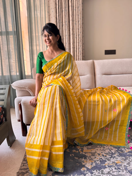 Embroidered pallu & patchwork inside border- kota doria saree