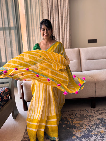 Embroidered pallu & patchwork inside border- kota doria saree