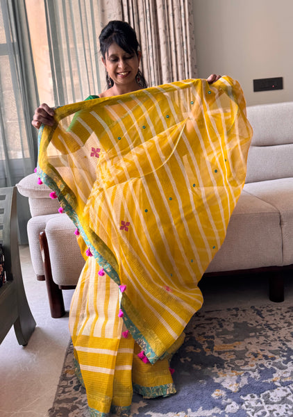 Embroidered pallu & patchwork inside border- kota doria saree