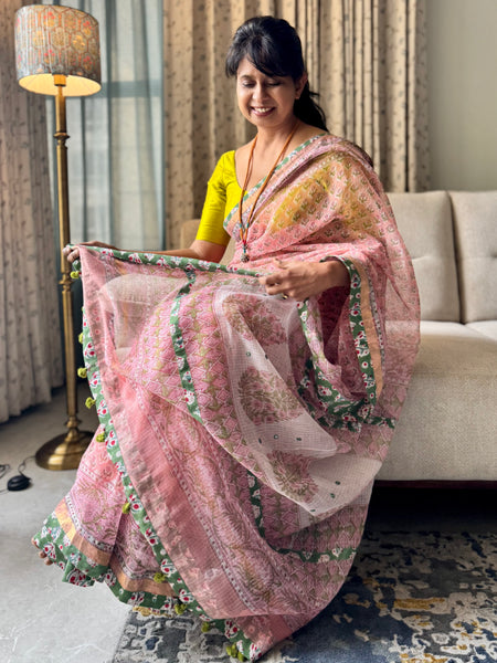 Embroidered pallu & patchwork border- kota doria saree