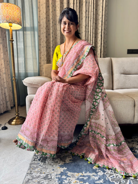 Embroidered pallu & patchwork border- kota doria saree